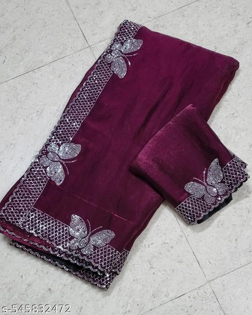 Women's Hot Fixing Stone Work Butterfly Design Saree with Unstitched Blouse Piece.