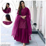 Eshanay Fashion Women's Beautiful Rayon Printed Round Neck Kurta And Sharara With Net Dupatta Set