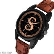 Prathshya Analog Round Black Dial ALPHABET S Design Stylish Brown Leather Strap Classic Design Fancy Wrist Watch for Men and Boys, Pack of 1 - ALPHA-S-J16-BLK-BRW-CHL