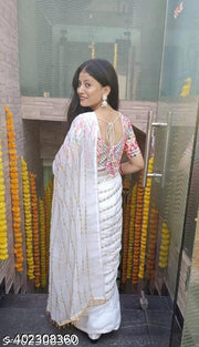 Georgette Embroidered Elegant White Color Sreee With Blouse || Saree For Women || Trending Saree For Women || Bollywood Stylish Fancy Party Wear Wedding Festive Bridal Sari
