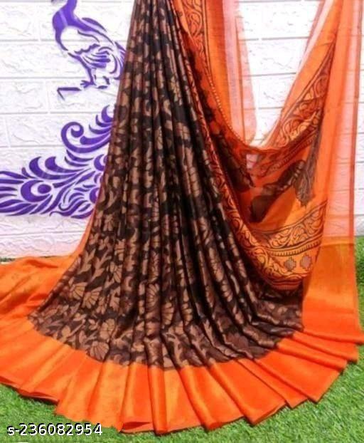 Chiffon Brasso Floral Brown and Orange Color Saree with Contast Color Unstitched Blouse piece