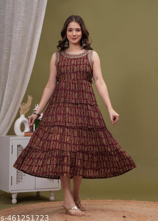 Flared Kurta Beautiful Sleeveless Ethnic Wear Trendy Anarkali Kurta Gown round Neck mirror work Embroidered ethnic Gown