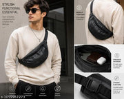 Stylish Black Leather Waist Bag / Crossbody Sling Bag