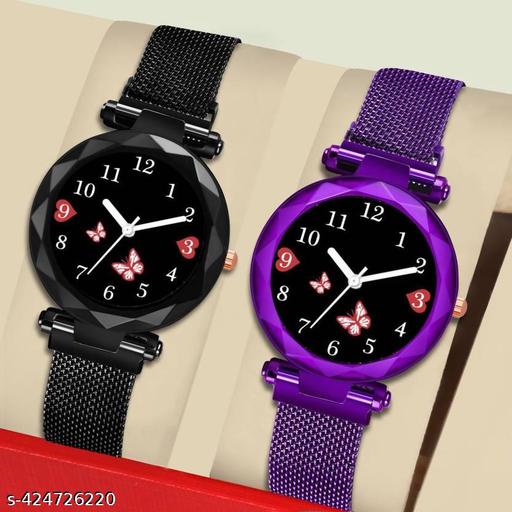Analog Watch - For Girls Pack Of 2  Dial Black And Gold Magnetic Strap Woman