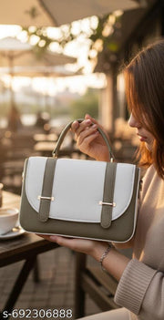 structured top-handle satchel featuring a two-tone color-block design Luvoksi Green & White Sling Bag Treio. KLEIO Green & White Solid Medium Satchel Handbag and the Sydney Spark Green Hand-held Bag.