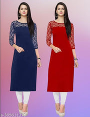 Pack of 1 Casual American Crepe And Net Round-Neck 3/4 Length Sleeves Navy Blue & Red Kurti (42"Inches)