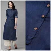 Women's Blue Cotton Denim Straight Kurta