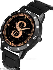 Natrix Analog Round Black Dial ALPHABET S Design Stylish Black Silicone Strap Classic Design Fancy Wrist Watch for Men and Boys, Pack of 1 - ALPHA-S-AVO-BLK-CDBLK