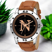 Sky Mart  Analog Round Black Dial ALPHABET N Design Stylish Beige Leather Strap Classic Design Fancy Wrist Watch for Men and Boys, Pack of 1 - ALPHA-N-AVO-SIL-TAN-CRL