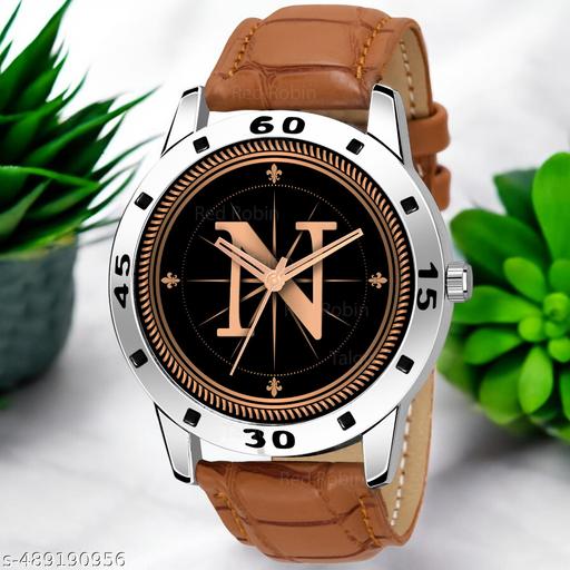 Sky Mart  Analog Round Black Dial ALPHABET N Design Stylish Beige Leather Strap Classic Design Fancy Wrist Watch for Men and Boys, Pack of 1 - ALPHA-N-AVO-SIL-TAN-CRL