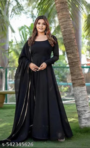fabric by Georgette round neck stylish sleeve plan long wear casual formal wedding function party wear gown women dress long and girl