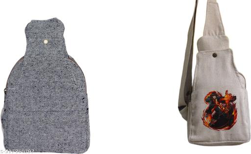 Off-White & Grey Cotton Canvas Sling Bag with Fiery Action Hero Graphic Print | Eco-Friendly Crossbody Shoulder Bag for Travel, College, Gaming Fans & Daily Use
