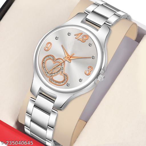 HRV Rose Gold Double Heart Dial Metal Silver Belt Girls watch