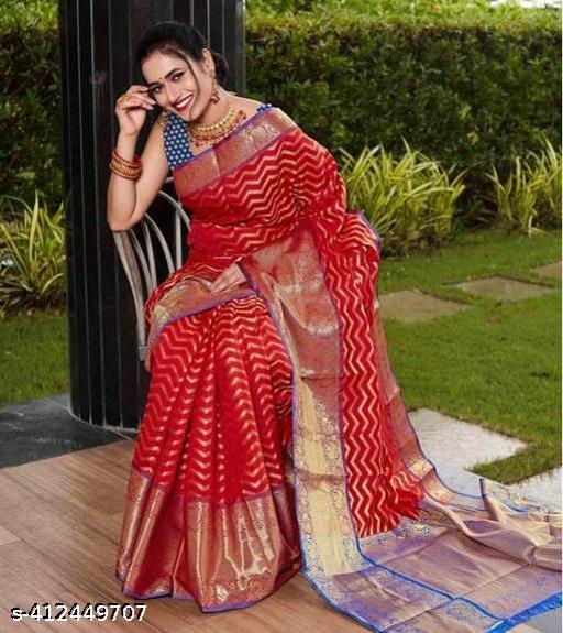 Attractive & Beautiful Soft Kanjivaram silk fabric banarasi style self designed zigzag saree with zari woven border & unstitched blouse