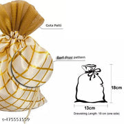 3A FEATURETAIL 13Cm X 18Cm 10pc Red & Yellow Color Golden Berfi Print Small Drawstring Bags Pouches Potli For Gift, Jewelry, Dryfruits & Candy