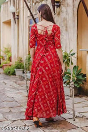 Rayon Printed Red Bandhej Kurti For Women/Girls