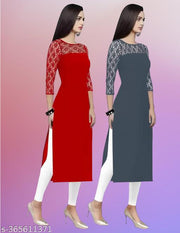 Pack of 1 Casual American Crepe And Net Round-Neck 3/4 Length Sleeves Red & Grey Kurti (42"Inches)