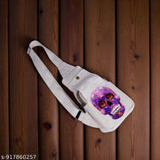 Off-White Cotton Canvas Sling Bag with Purple Floral Sugar Skull Print | Eco-Friendly Crossbody Shoulder Bag for Travel, College, Festivals & Daily Use