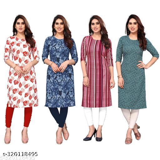 Women Printed Crepe Straight Kurti Combo of 4
