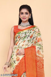 Zareena Orange Colour Floral Print Cotton Saree with Contrast Border | Lightweight and Semi-Transparent Tussar-Look Saree for Daily Wear Under ₹300