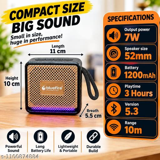 7W Portable Bluetooth Speaker with LED Lights, (Please rise the volume of the speaker by long pressing ' + ' OR " >>I " to get its best sound),  1200mAh Battery & Bluetooth 5.3