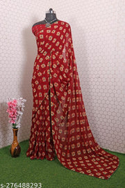Printed Block Saree, bandhani saree ,georgette saree, Printed saree, synthetic saree, saree , Maroon Saree