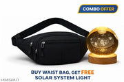 Premium Black Waist Bag for Men & Women | Travel & Daily Use Sling Bag | Buy 1 Get FREE 3D Crystal Solar System LED Night Lamp | Combo Offer