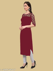 Casual American Crepe And Net Round-Neck 3/4 Length Sleeve Maroon Kurti (45"Inches)