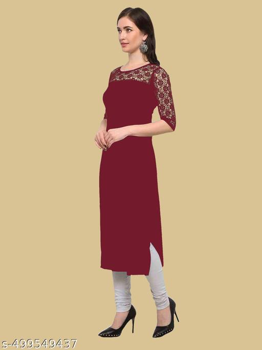 Casual American Crepe And Net Round-Neck 3/4 Length Sleeve Maroon Kurti (45"Inches)