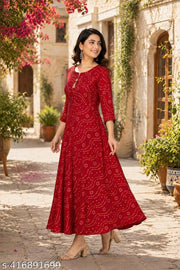 ANGRKHI STYLISH BEAUTIFUL PRINTED KURTA FOR WOMEN AND GIRLS| 3/4TH SLEEVES ROUND NECK BHADNI| CASUAL WEAR AND FESTIVAL WEAR KURTA IN RAYON FABRIC