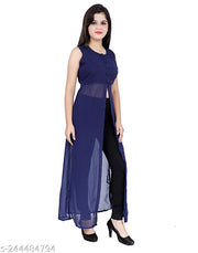 Shimao Women's Solid Georgette Front High-Slit Sleeveless Long Kurti