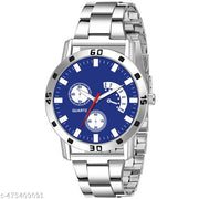 Trendy Steel Round Blue Dial Analog Wrist Watch For Men and Boys