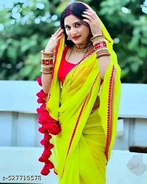 New Green Georgette Saree – Smooth Material with Beautiful Pink Lace Embroidery and Cotton Latkan – Perfect for Festive Events!