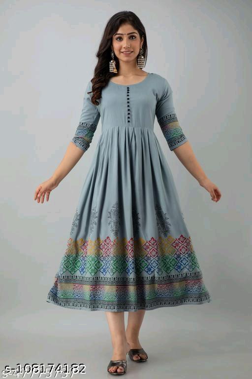 women's Rayon Printed Long Flared Anarkali Kurti