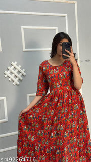 Women's Anarkali Cotton Kurti Party Wear Dress Women's Trendy Long Anarkali Rayon Printed Fashionable Gown