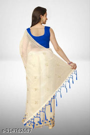 Designer Net Mirror Embroidery Saree with Floral Border and Contrast Blouse
