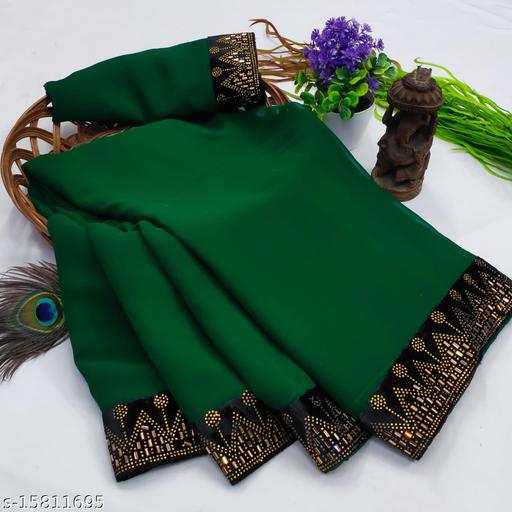 Rovilo Fashion Women's Georgette Hot-Fix Daimod Woven Party Wedding Saree Green Color D416