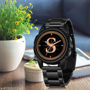 Prathshya Analog Round Black Dial ALPHABET S Design Stylish Black PUn Strap Classic Design Fancy Wrist Watch for Men and Boys, Pack of 1 - ALPHA-S-J16-BLK-CDBLK