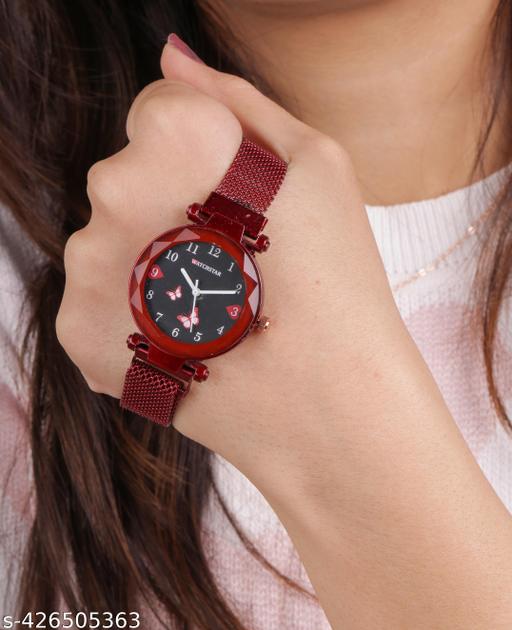 Red New Flower Magnet belt wrist Analog Watch for Girls and Women
