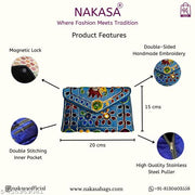 NAKASA Women's Jaipuri Handmade Damru Embroidery Small Sky Blue Clutch Bag