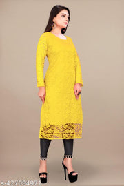 Trendy Light Yellow Designer Net Kurti | Light Yellow Net Kurti for Women | Designer Embroidered Partywear Kurti