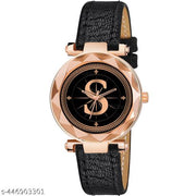 Skoal Analog Round Black Dial ALPHABET S Design Stylish Black Leather Strap Classic Design Fancy Wrist Watch for Women and Girls, Pack of 1 - ALPHA-S-GEN-RG-BLK-CUTL