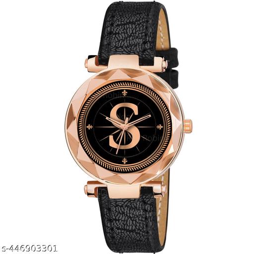 Skoal Analog Round Black Dial ALPHABET S Design Stylish Black Leather Strap Classic Design Fancy Wrist Watch for Women and Girls, Pack of 1 - ALPHA-S-GEN-RG-BLK-CUTL