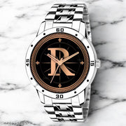 Krolexe Analog Round Black Dial ALPHABET R Design Stylish Silver Stainless Steel Strap Classic Design Fancy Wrist Watch for Men and Boys, Pack of 1 - ALP-R-AVO-SIL-STL