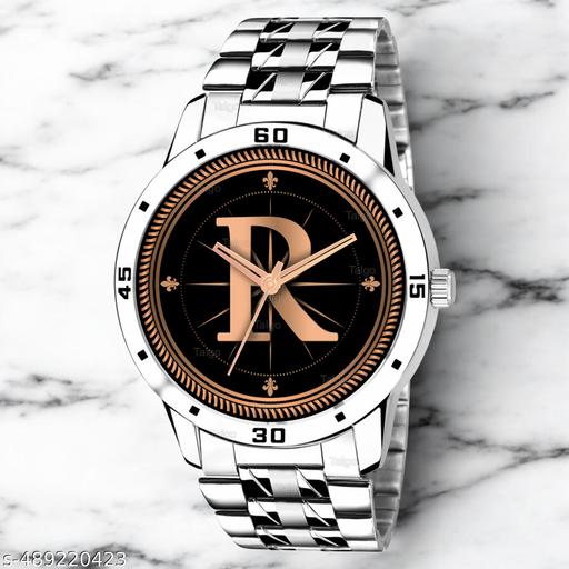 Krolexe Analog Round Black Dial ALPHABET R Design Stylish Silver Stainless Steel Strap Classic Design Fancy Wrist Watch for Men and Boys, Pack of 1 - ALP-R-AVO-SIL-STL