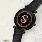 Atix ALPHABET "S" Classic Analog Wrist Watch for Women & Girls - New Arrival with Stylish Black Dial and Black Leather Strap| Pack of 1 | ALPHA-S-GEN-BK-BLK-CUTL