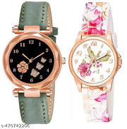 Flower Round Dial Analog Wrist Watch For  Women and Girls Pack of 2 Watch