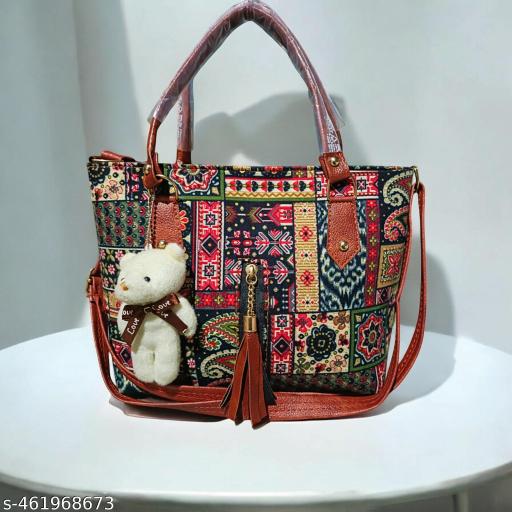 Trendy Printed Handbag for Women | Multi-Functional Shoulder Bag & Tote Bag with Teddy Keychain