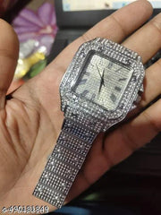 Htm Men's Fashion Crystal Luxury Big Face Square Full Bling Iced Diamond Bracelet Analog Watch - Silver