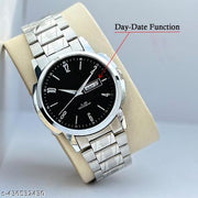 Day & Date Function Watch With Black Coated Dial, Stainless Steel Chain Analog Watch - For Men